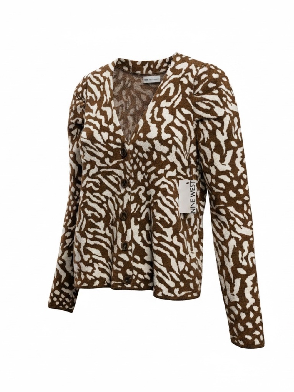 NEW Nine West Brown/White Leopard Print V-Neck Button Front Cardigan Sweater